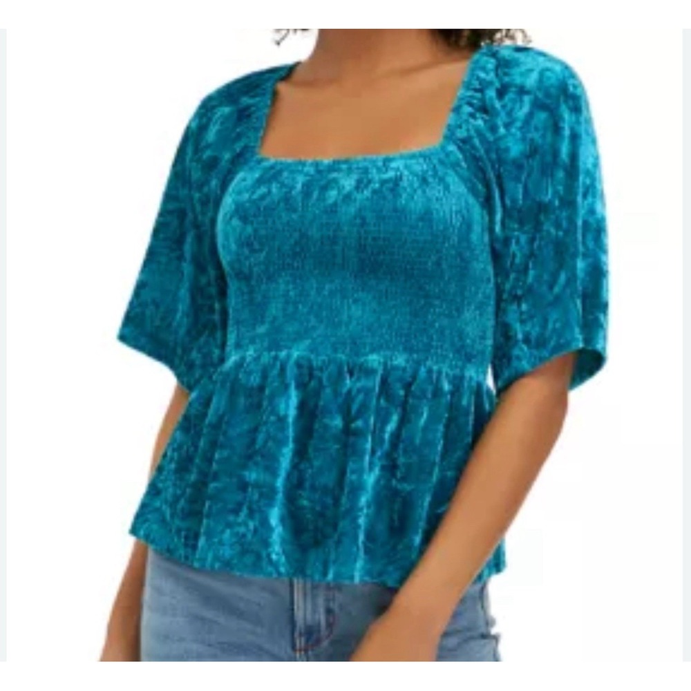 Belle Du Jour Women's Teal Velvet Smocked Peplum Top Flutter Sleeve Sz M NWT